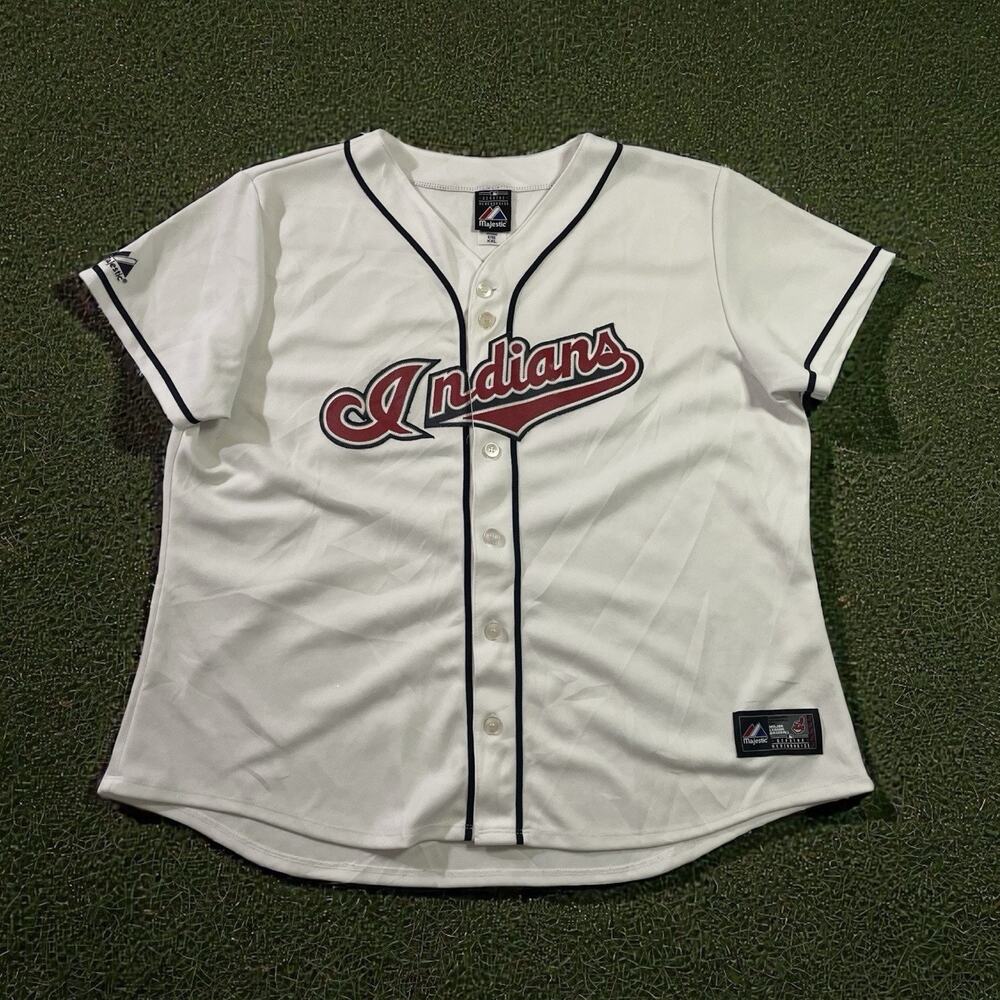 Majestic MLB Cleveland‎ Indians White Home Button Up Baseball Jersey Women’s XXL